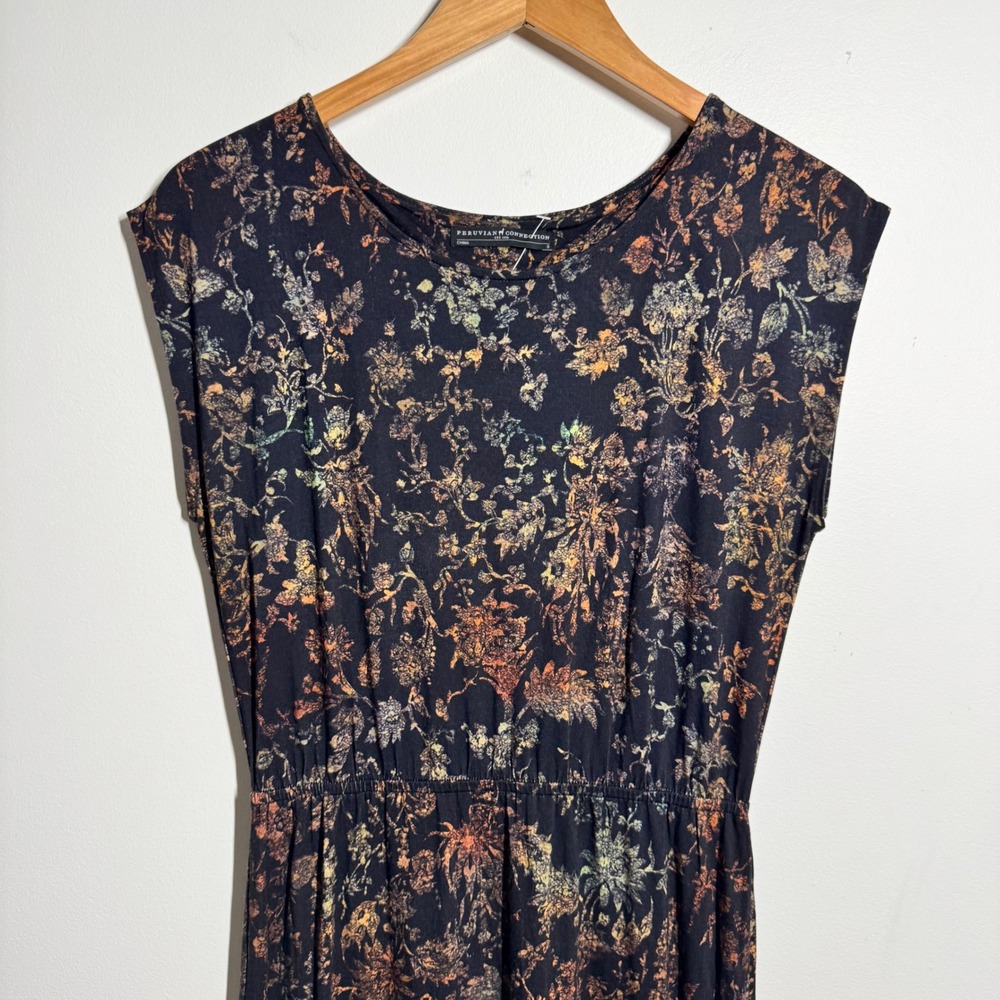 Peruvian Connection Floral Jersey Midi Dress Black Orange Botanical Sleeveless S - Picture 4 of 8